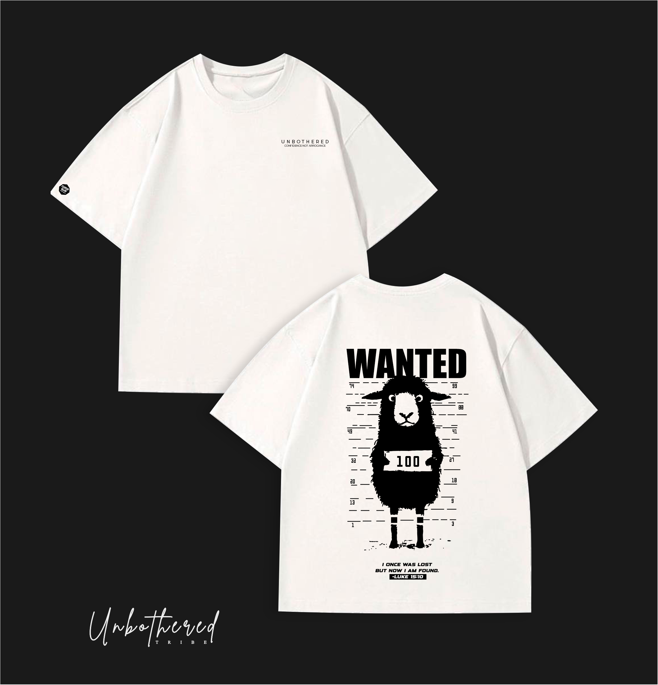 White t-shirt with 'WANTED' graphic of a sheep on a black background