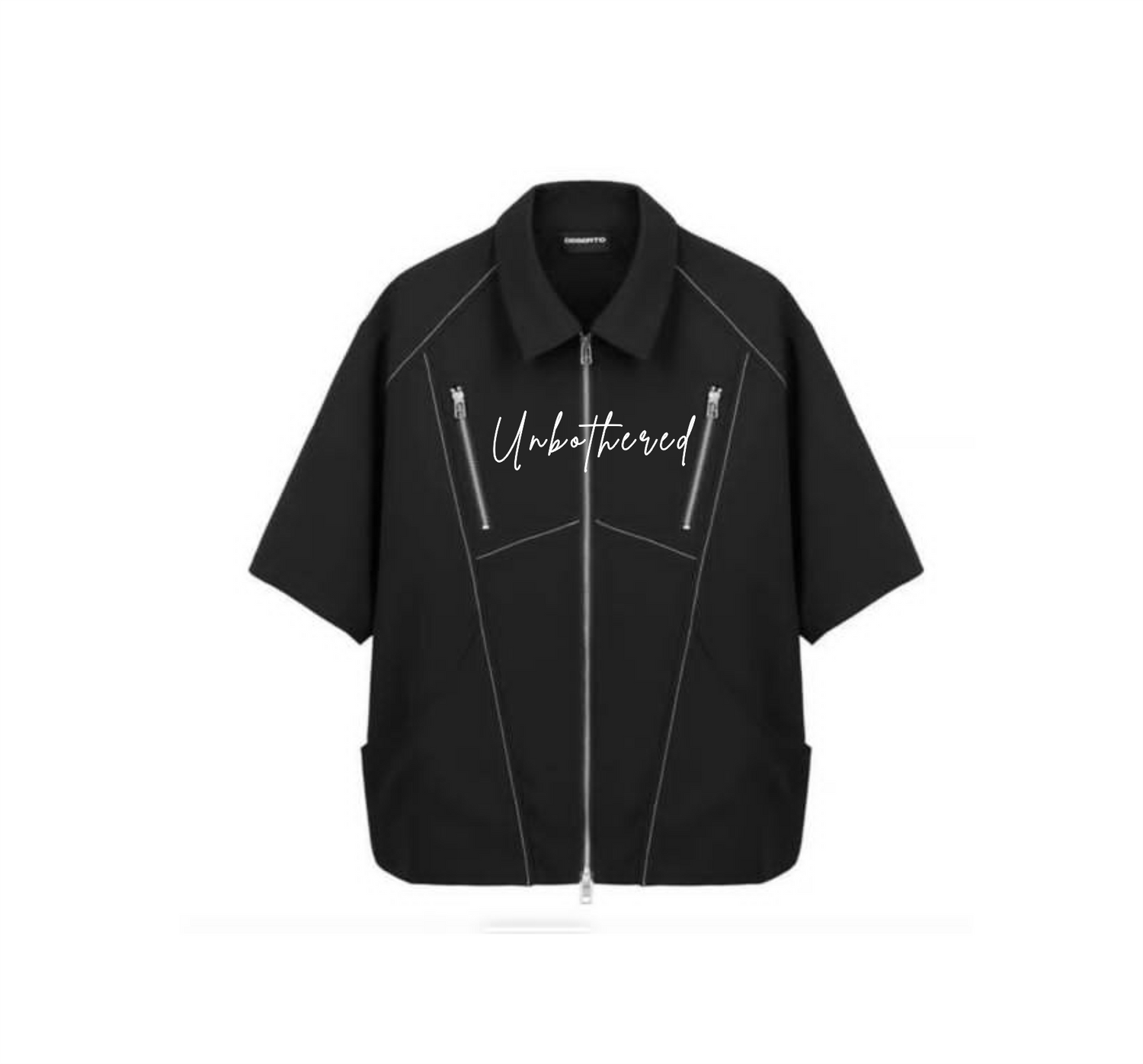 Black jacket with zipper details and 'Unbothered' text on a white background